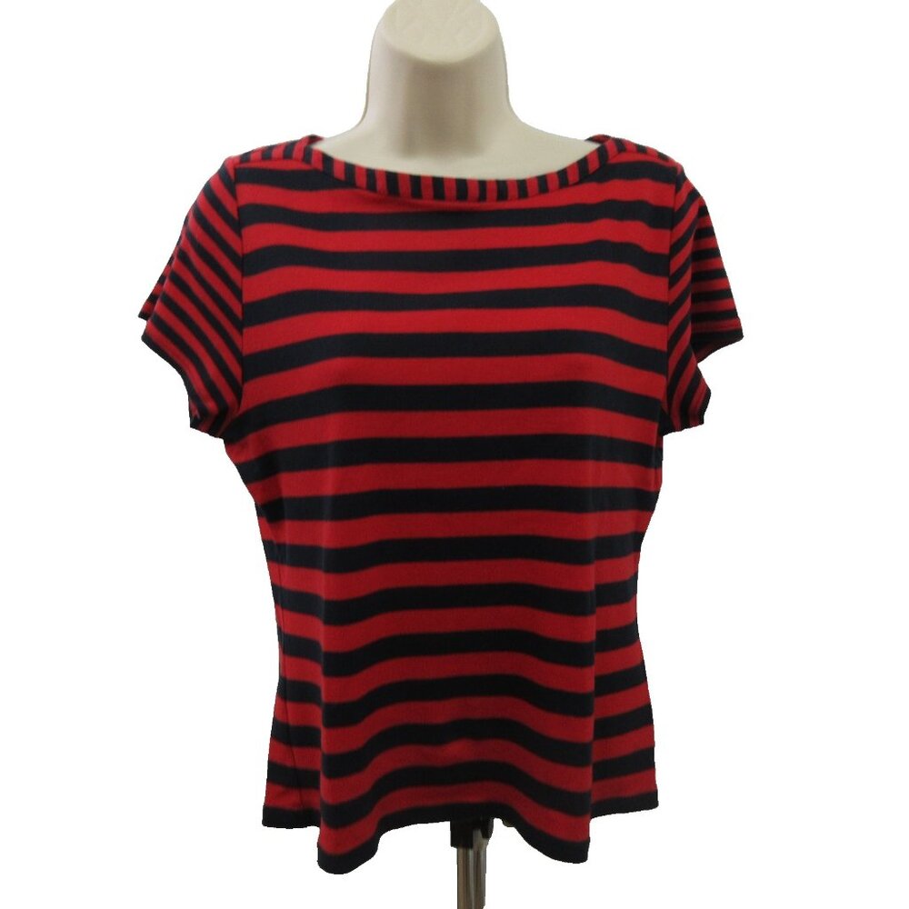 CHAPS Tee Shirt Sz P XL Red Blue Striped Short Cap Sleeve Casual Nautical Cotton